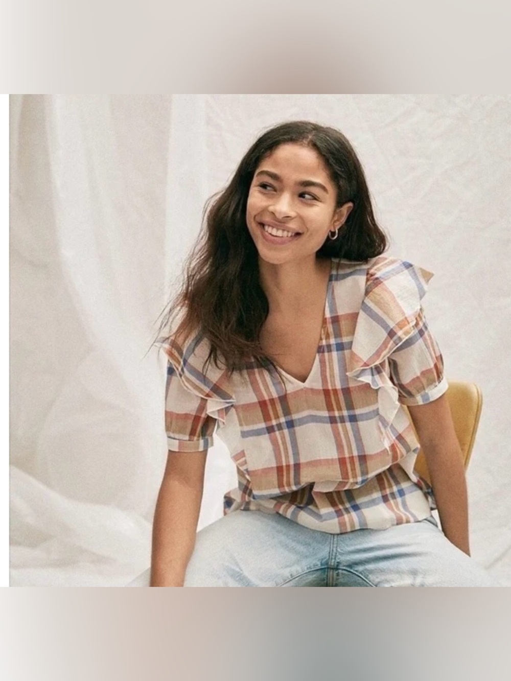 Madewell Plaid Ruffle Sleeve Top XS Cotton Gauze Blouse